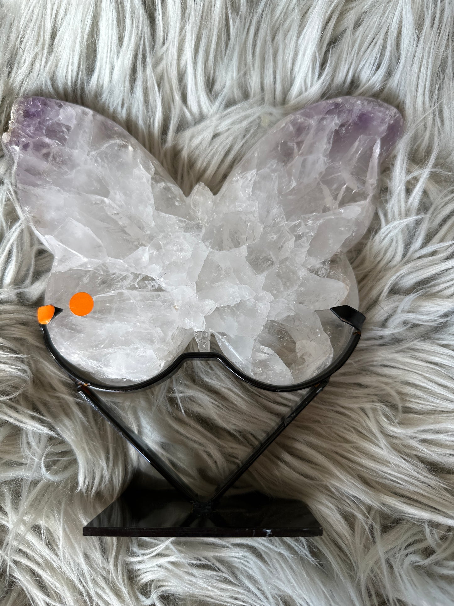 Amethyst and quartz butterfly on stand.