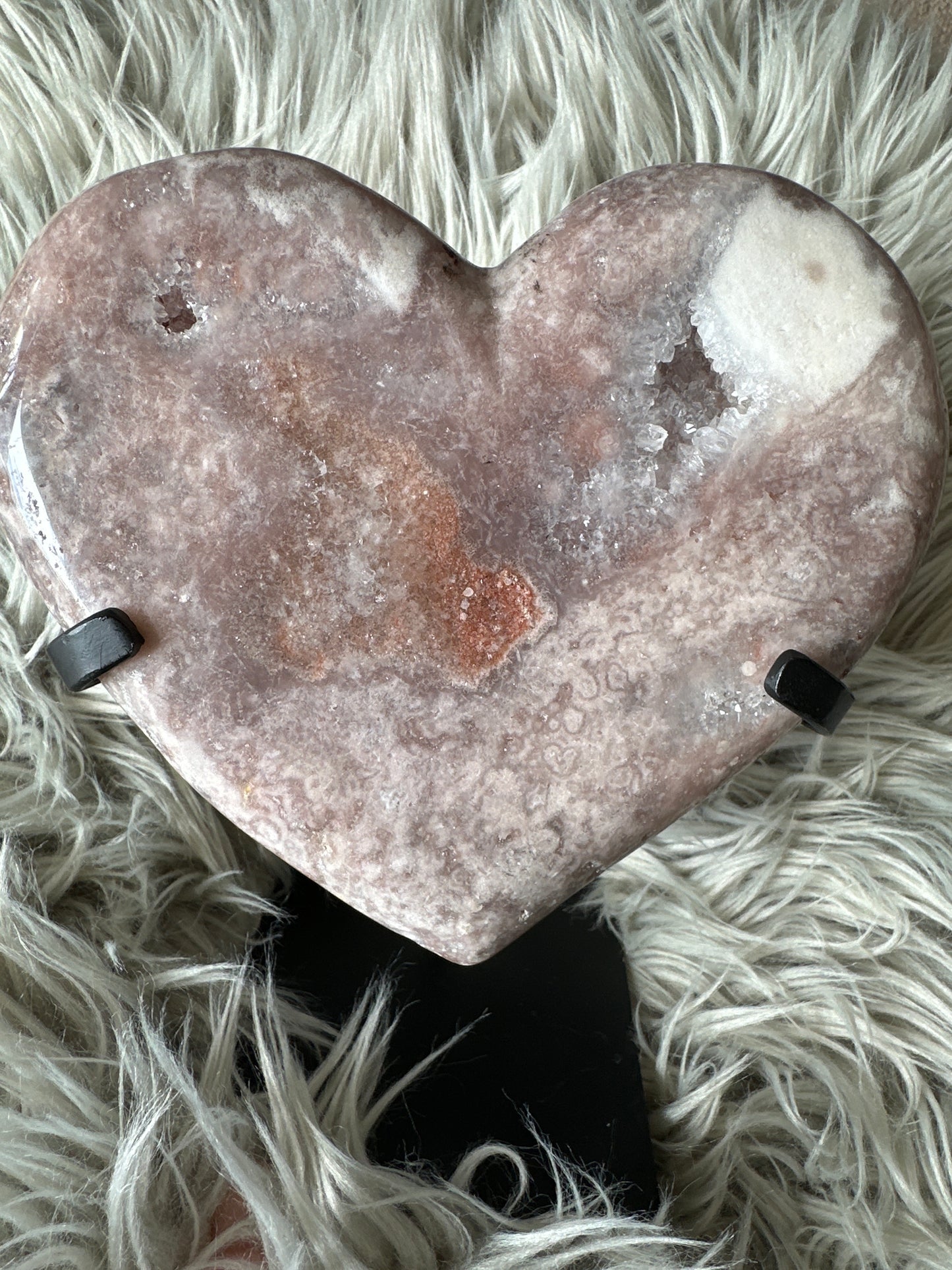 Pink amethyst, high quality heart on stand.