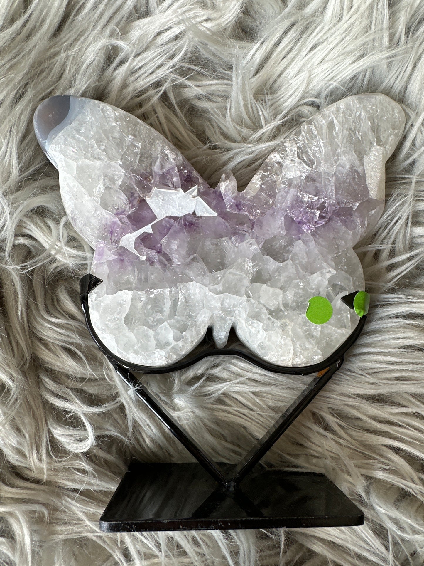 Amethyst, quartz and blue agate butterfly on stand. With calcite inclusions