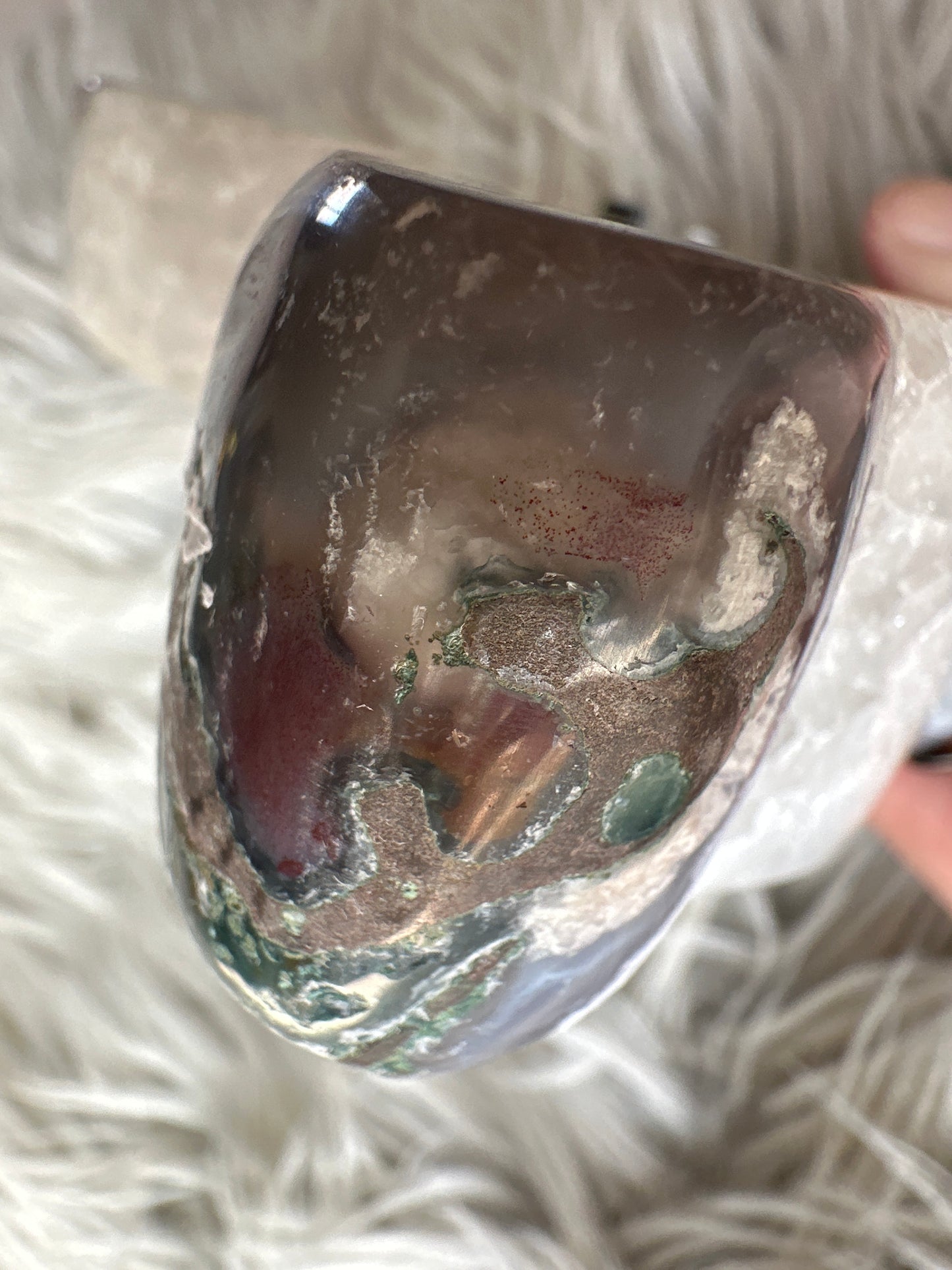 Amethyst, quartz and blue agate butterfly on stand. With calcite inclusions