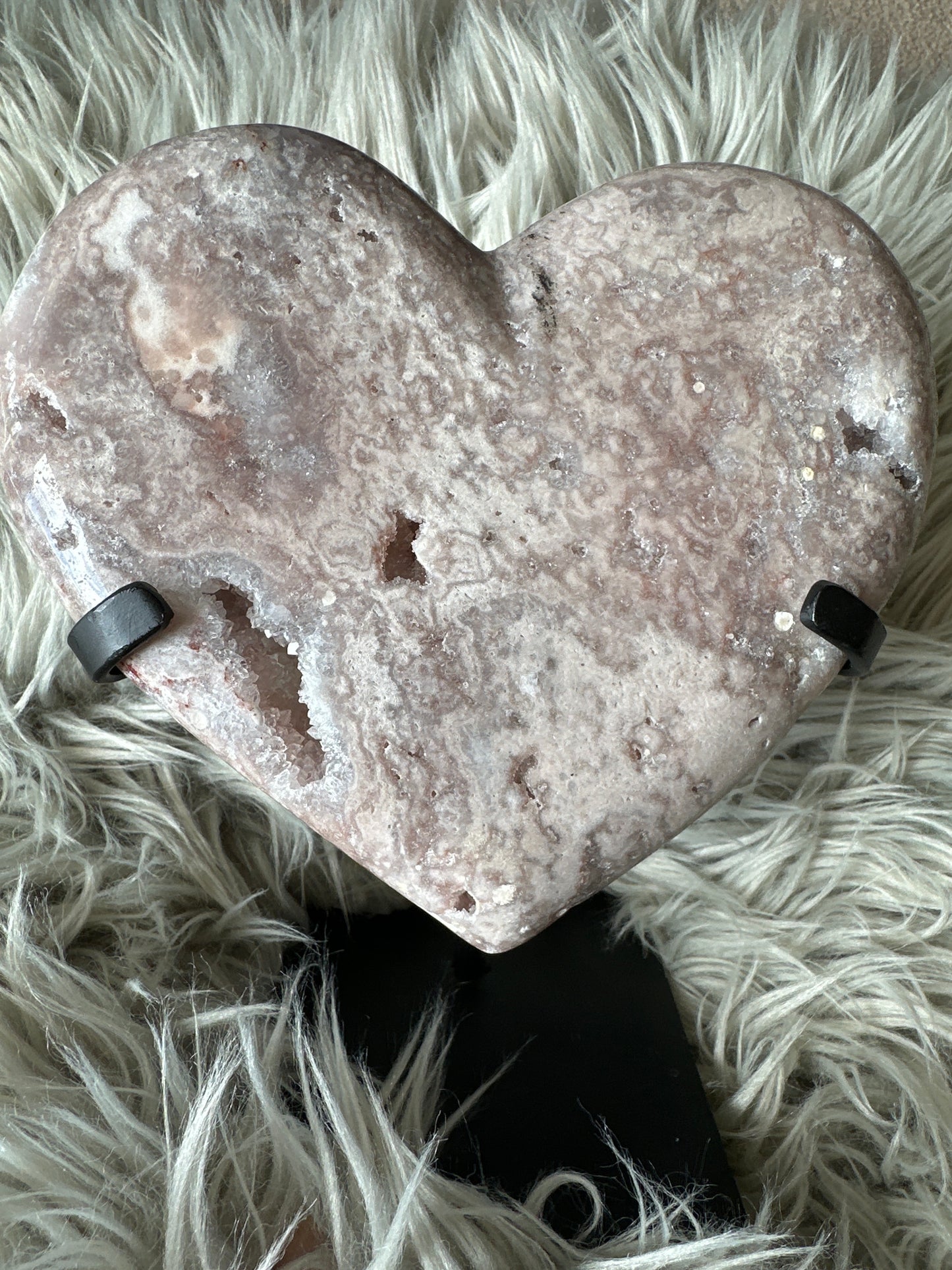 Pink amethyst, high quality heart on stand.