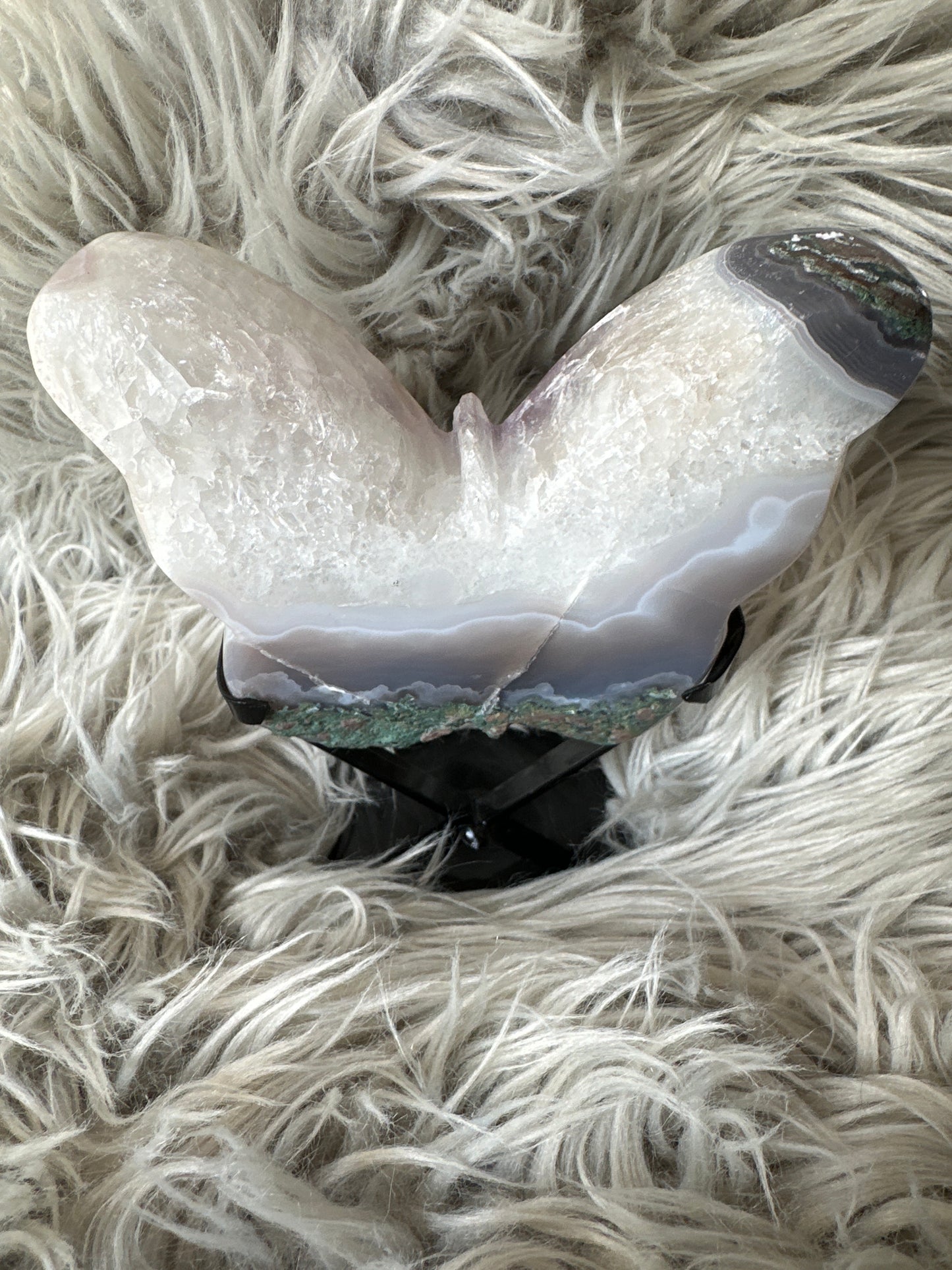 Amethyst, quartz and blue agate butterfly on stand. With calcite inclusions