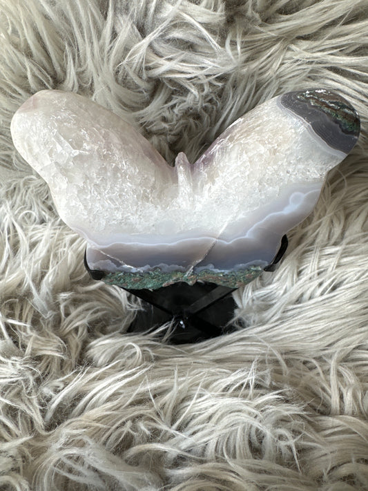 Amethyst, quartz and blue agate butterfly on stand. With calcite inclusions