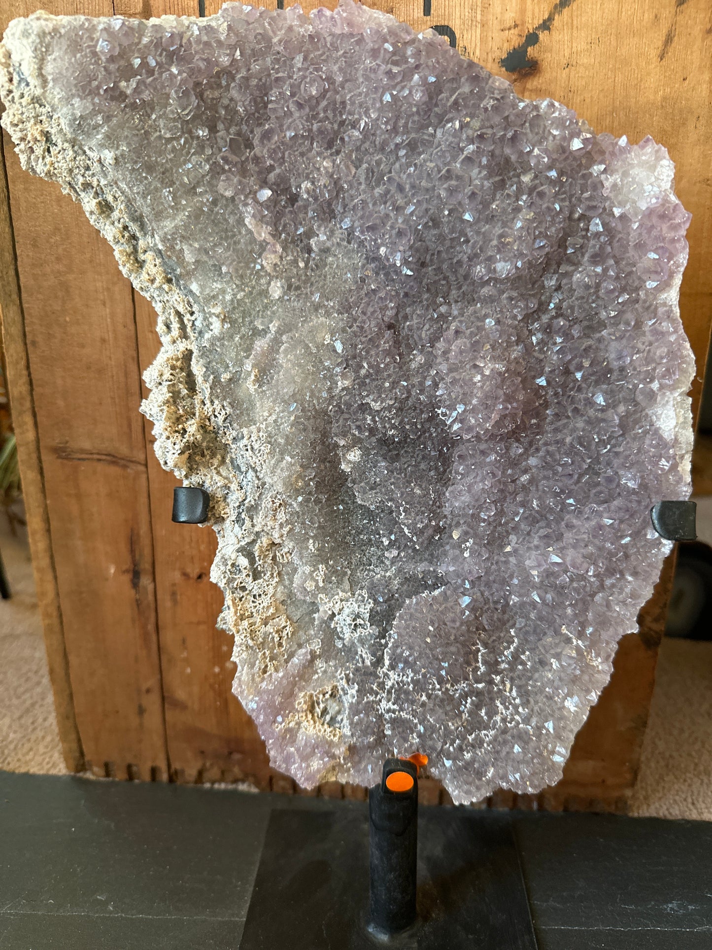 Zeolite on stand. Large pink and blue hues.